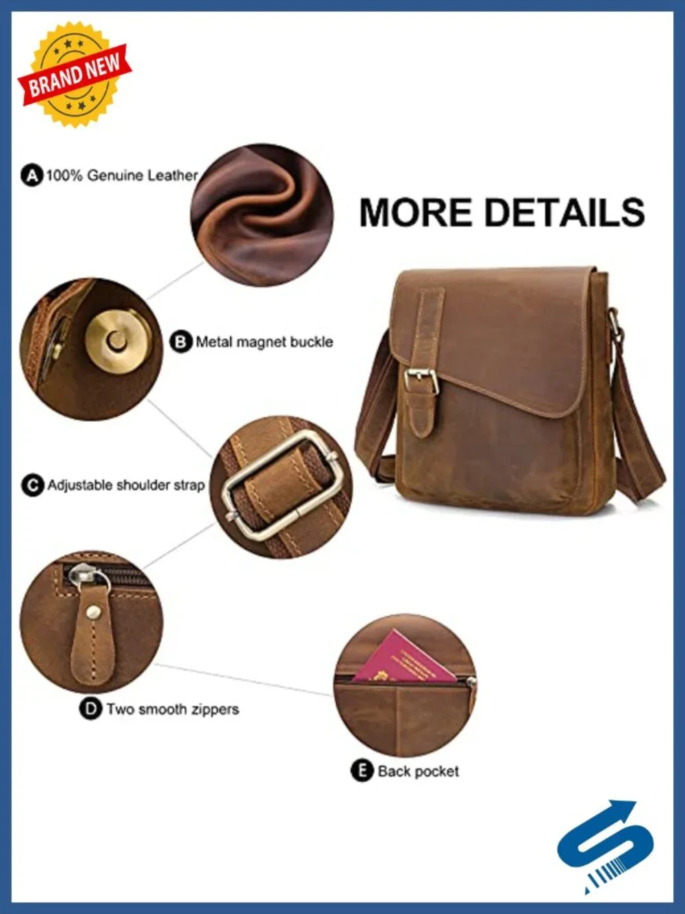 Leather Messenger Bag Men's Crossbody Fits Up to 11.5 Inch Tablet